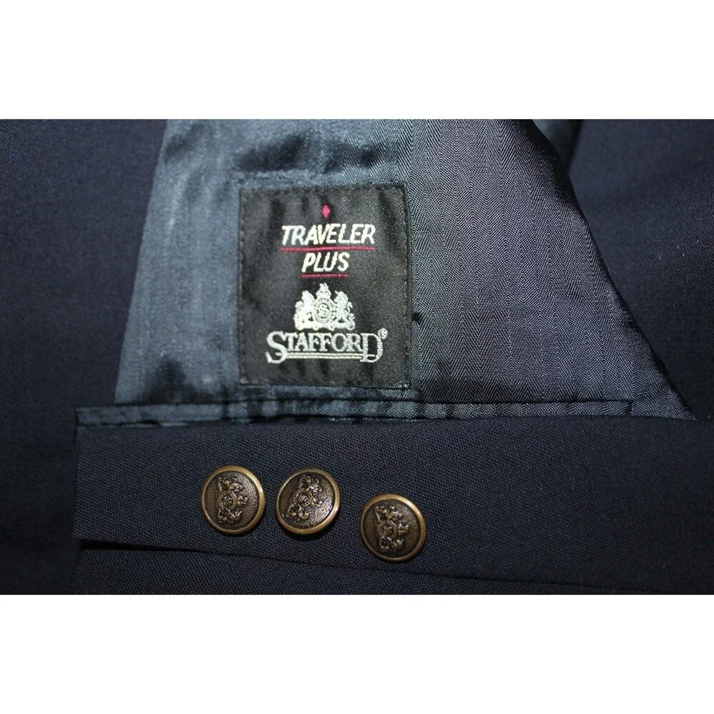 Vintage Stafford Traveler Plus Men's Sport Coat 2 Button Navy Wool Blend 46R